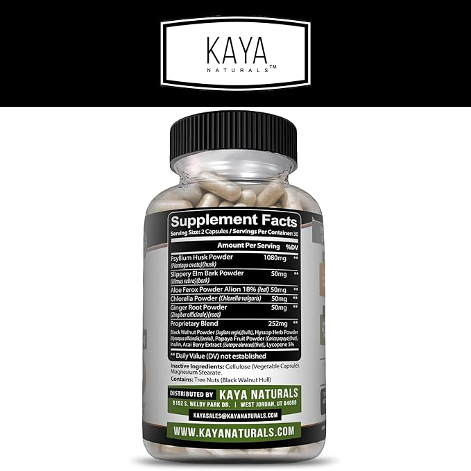 Kaya Naturals Psyllium Husk Capsules - 60 Count | High Fiber Supplement | Digestive Health & Regularity | Gluten-Free, Non-GMO