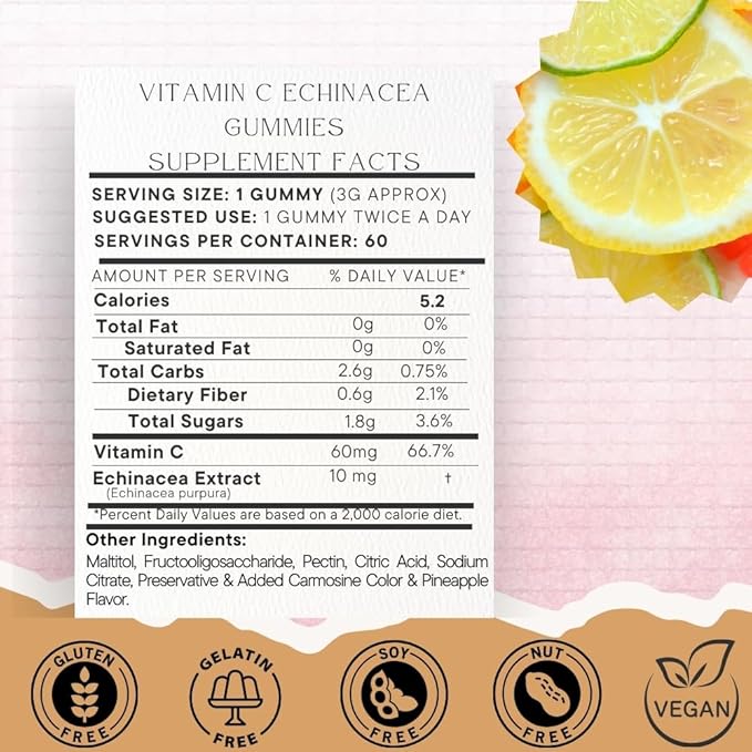 SOHM Individually Wrapped Vitamin C 60000mcg + Echinacea 10000mcg 60 Count, Supports Healthy Immune Health, Vitamin C Gummies,Echinacea Gummies Adults,Vitamin C for Men & Women Vegetarian