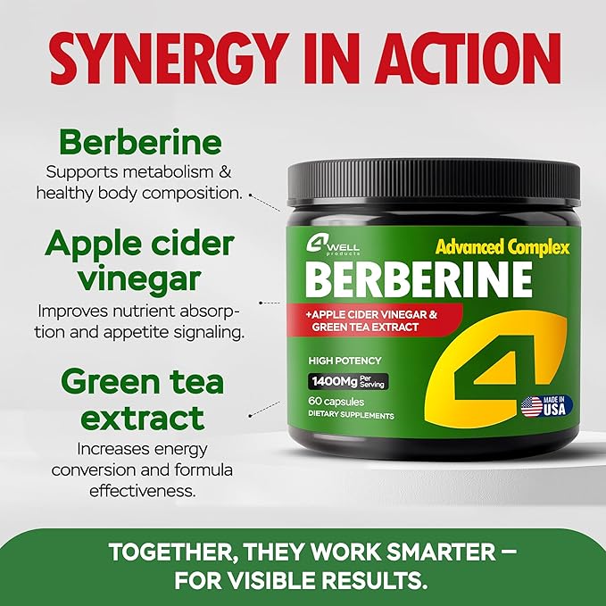 Advanced Berberine HCL Supplement 1400mg Complex - Triple-Strength Blend with Apple Cider Vinegar & Green Tea Extract - Body Composition Support, Digestive Health, Support Heart Health, Immune System