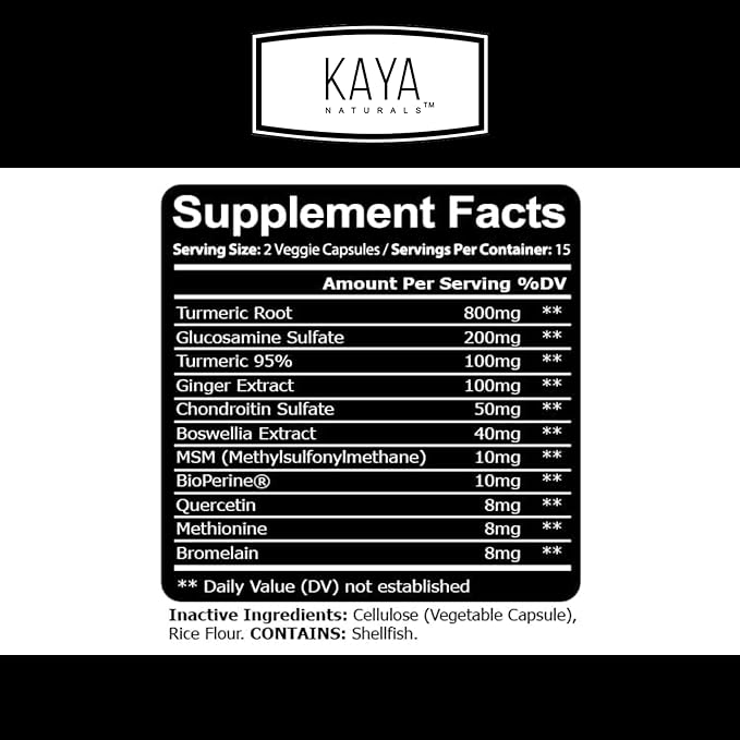 Kaya Naturals Platinum Mobility Turmeric - Bioperine, Glucosamine, Turmeric with Boswellia, Healthy Natural Mobility Support, Turmeric Curcumin 1334mg - 30 Capsules
