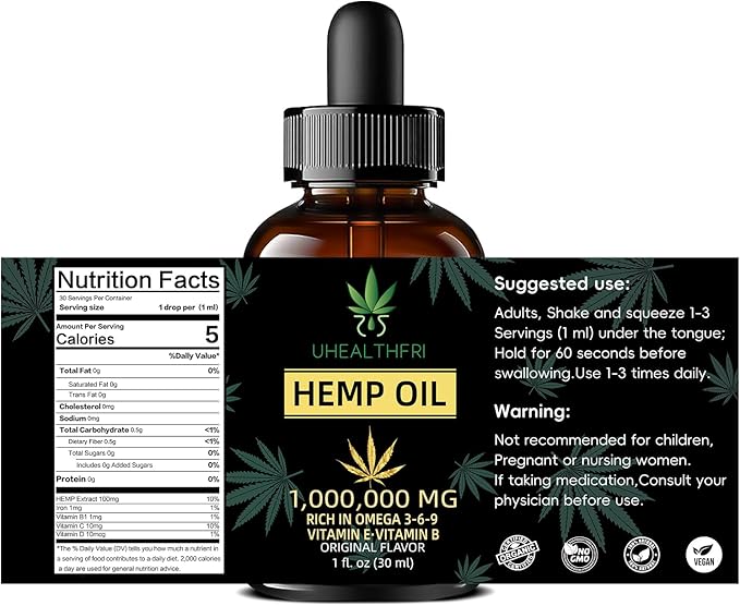 Hemp Oil, Pure Organic Hemp Seed Oil Drops, Non-GMO, Vegan Hemp Extract Oil Tincture with Omega 3, 6, 9 of 4 Pack