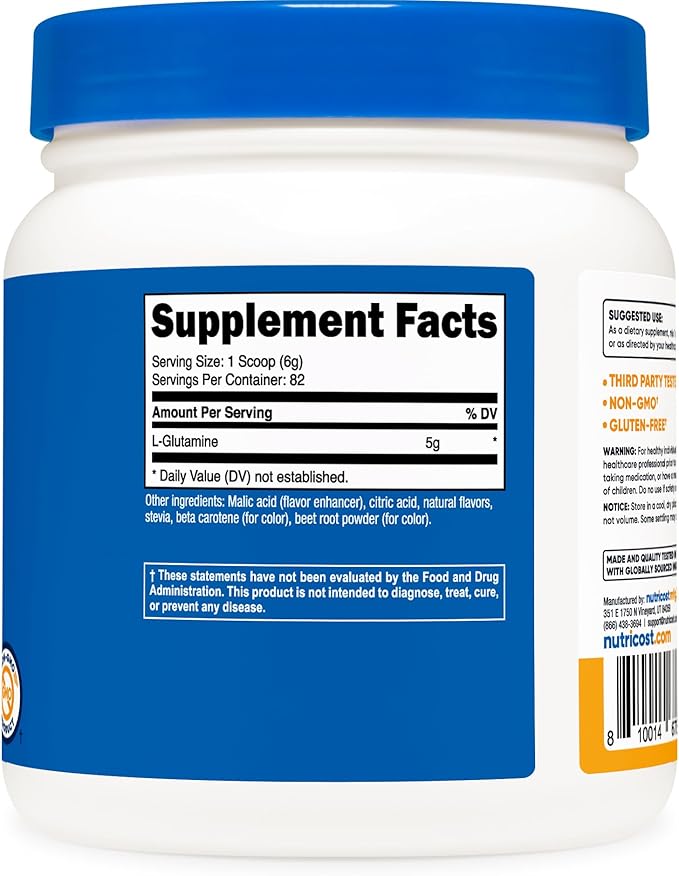 Nutricost L-Glutamine Powder Sweetened with Stevia (500 Grams, Peach Mango) - Supplement for Gut Support, 5 Grams of L-Glutamine Per Serving - Gluten Free, Non-GMO