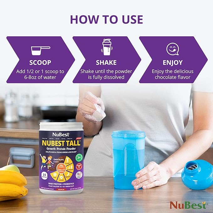 NuBest Tall Protein Powder for Kids & Teens - Chocolate Protein Powder Shake - Protein Drink with Probiotics, Omega 3-6-9, Vitamin D3 + K2, Calcium, Vitamins - Bone Strength and Immunity - Pack 4
