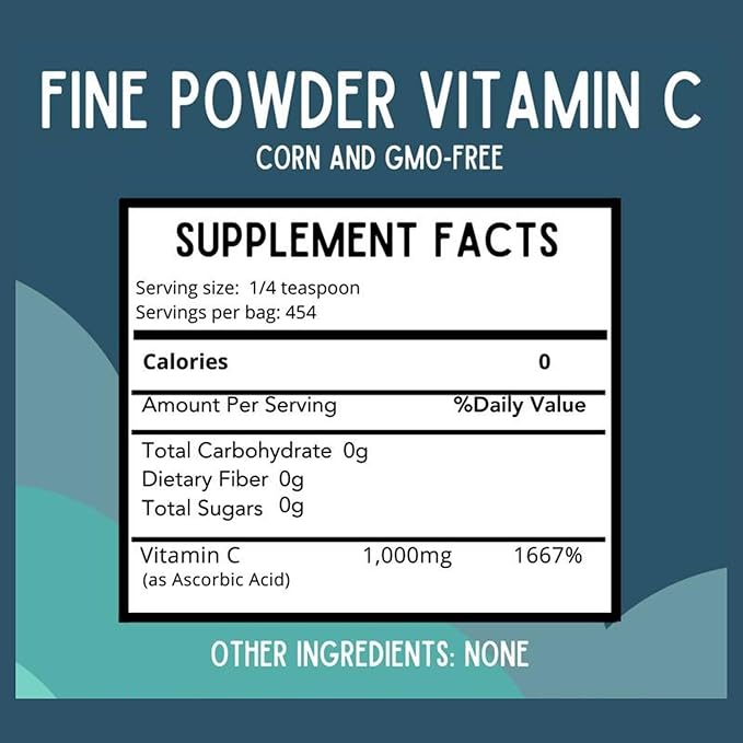 Fine Powder Vitamin C as Ascorbic Acid | Pure, Sugar, & GMO-Free | 1000 mg Vitamin C per Serving | 454 Servings per Bag