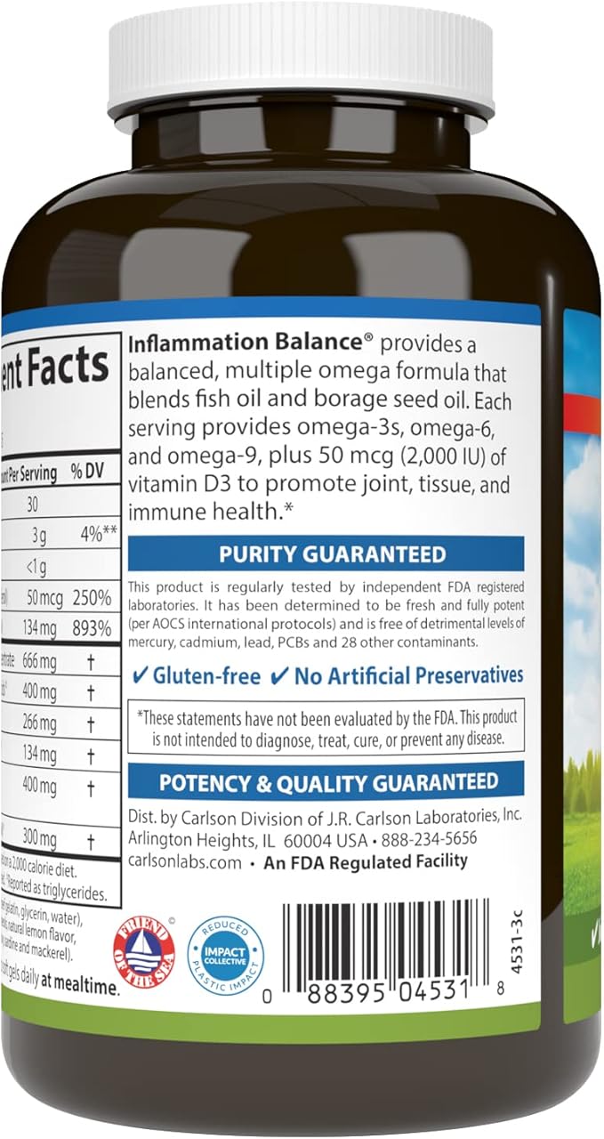 Carlson - Balanced Omega-3 & Omega-6 Ratio, with D3, Norwegian, Wild-Caught Fish Oil Supplement with Fatty Acids, Sustainably Sourced Fish Oil Capsules, 90 Softgels