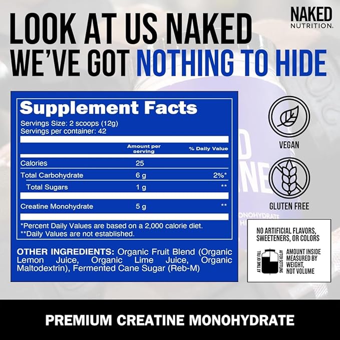 NAKED Pure Micronized Lemon Lime Creatine Monohydrate - 42 Servings - 500 Grams, 1.1Lb Bulk, Vegan, Non-GMO, Gluten Free, Soy Free. Aid Strength Gains, No Additives