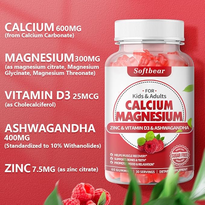 softbear Calcium Magnesium Zinc Gummies for Women, Calcium Magnesium Supplement High Absorption Calcium 600 mg with Vitamin D3 for Bone Strength Vegan Raspberry Flavor 60 Gummies