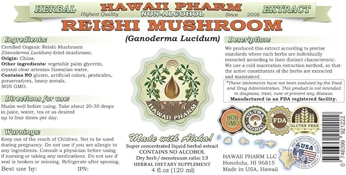 Reishi Alcohol-Free Liquid Extract - Tonic of Emperors, Organic Reishi Mushroom (Ganoderma Lucidum) Dried Mushroom Glycerite Natural Herbal Supplement, Hawaii Pharm, USA 2 fl.oz