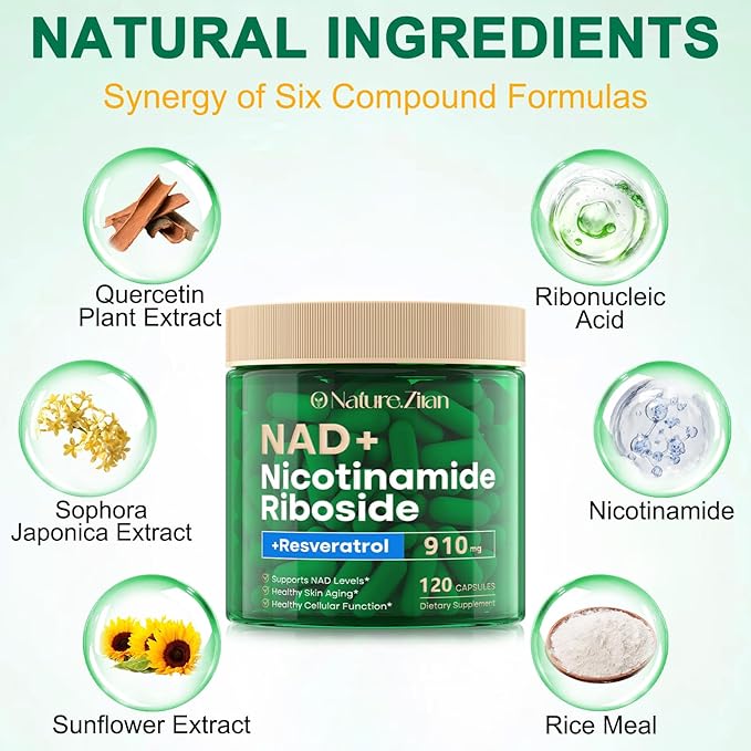 NAD Supplement 120 Capsules, Liposomal Nicotinamide Riboside, Resveratrol, Quercetin, NAD Nicotinamide Riboside Resveratrol 910mg for Women & Men, NAD Supplement for Anti Aging and Cell Regeneration