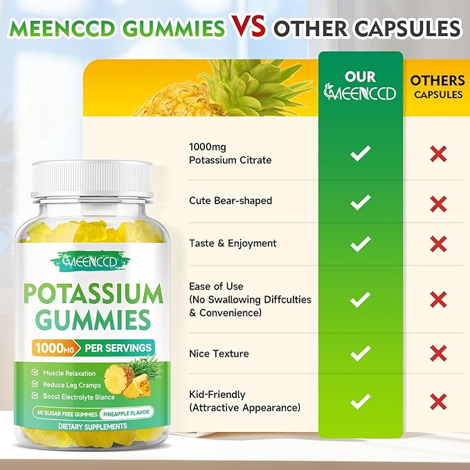 Potassium Citrate Gummies 1000mg, High Potency Potassium Supplement Gummies for Adults Women & Men, Support Leg Cramps & Muscle Health, Sugar-Free, Pineapple Flavor, 60 Count