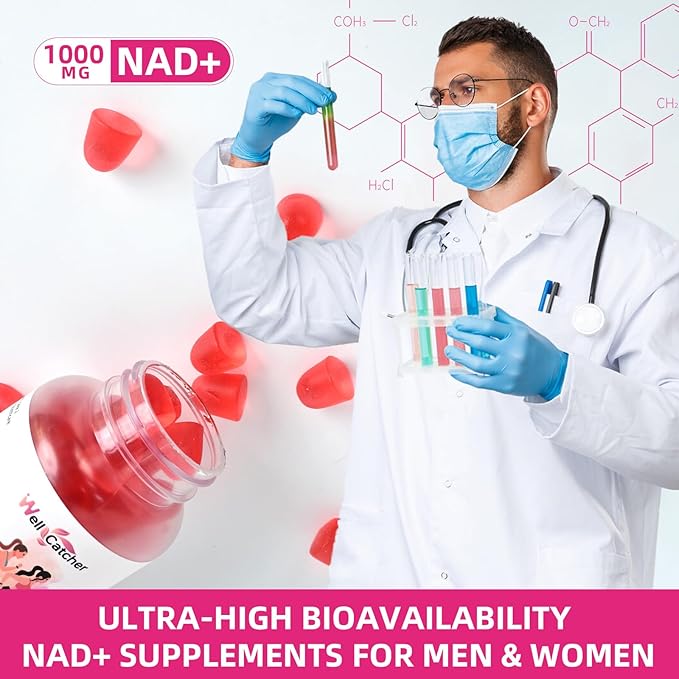 NAD+ Gummies Supplement for Women 1000MG - NAD Plus Gummies for Men Sugar Free Vitamin B3 Niacinamide Pure Organic Boosts NAD Level Anti-Aging Cell Regeneration Energy Brain Peach Flavor 60C