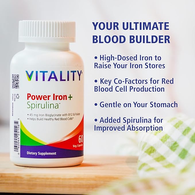 VITALITY Power Iron + Spirulina | 45mg Iron | Blood Builder | Iron Deficiency Support | Vegan | All Natural Supplement | Gentle on Stomach | Capsules… (60 Count (Pack of 1))