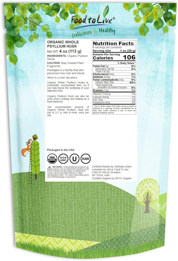 Food to Live - Organic Whole Psyllium Husks, 4 Ounces - Non-GMO Flakes, Vegan, Rich in Dietary Fiber, Natural Food Thickener, Great for Baking