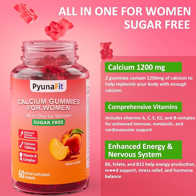 Calcium Gummies for Women 1200 mg, Calcium Chewables with Vitamin D3 Magnesium Zinc, Vegan, Sugar Free, Gluten Free, 60 Count