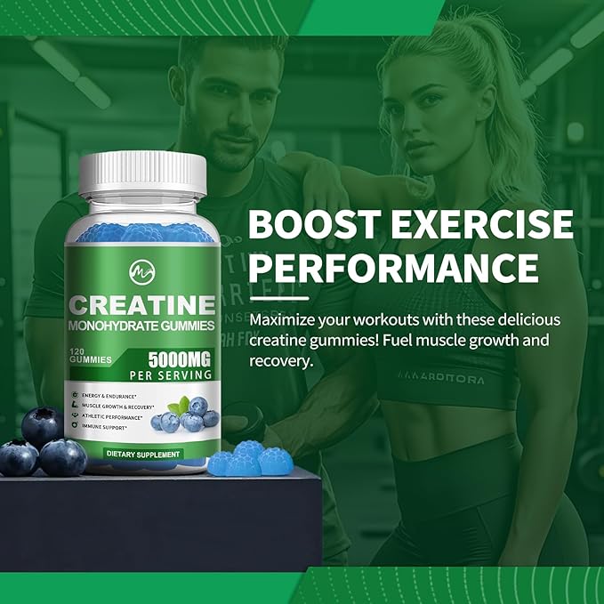 Creatine Monohydrate Gummies - 5000mg Creatine Monohydrate for Men & Women, with BCAA, L-Taurine, Alpha GPC and Omega-3, Increase Strength and Build Muscle, Blueberry Flavor, 120 Gummies
