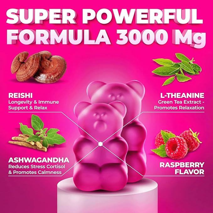 Natural Reishi Mushroom Gummies & L Theanine with Ashwagandha - Potent Mushroom Supplements for Immune Support, Stress Relief & Improve Sleep Gummies - Ashwagandha Gummies for Women & Men