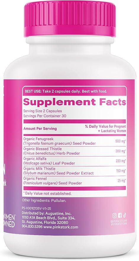 Pink Stork Total Lactation Supplement for Breast Milk Supply, Organic Fenugreek and Alfalfa to Support Breastfeeding, Milk Flow, and Production, Postpartum Essentials - 60 Capsules