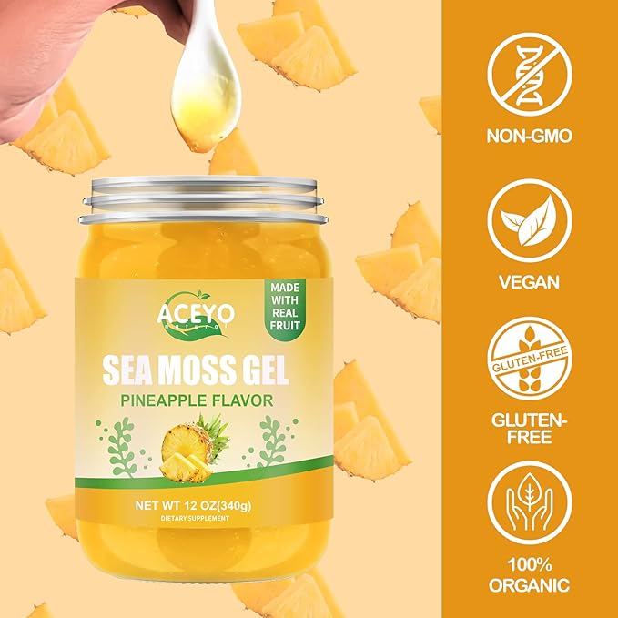 ACEYO (12 OZ Irish Sea Moss Gel Raw Vegan Pineapple Flavor 102 Vitamins and Minerals Wild Harvested Non-GMO Immune Defense Booster Thyroid Digestive Support