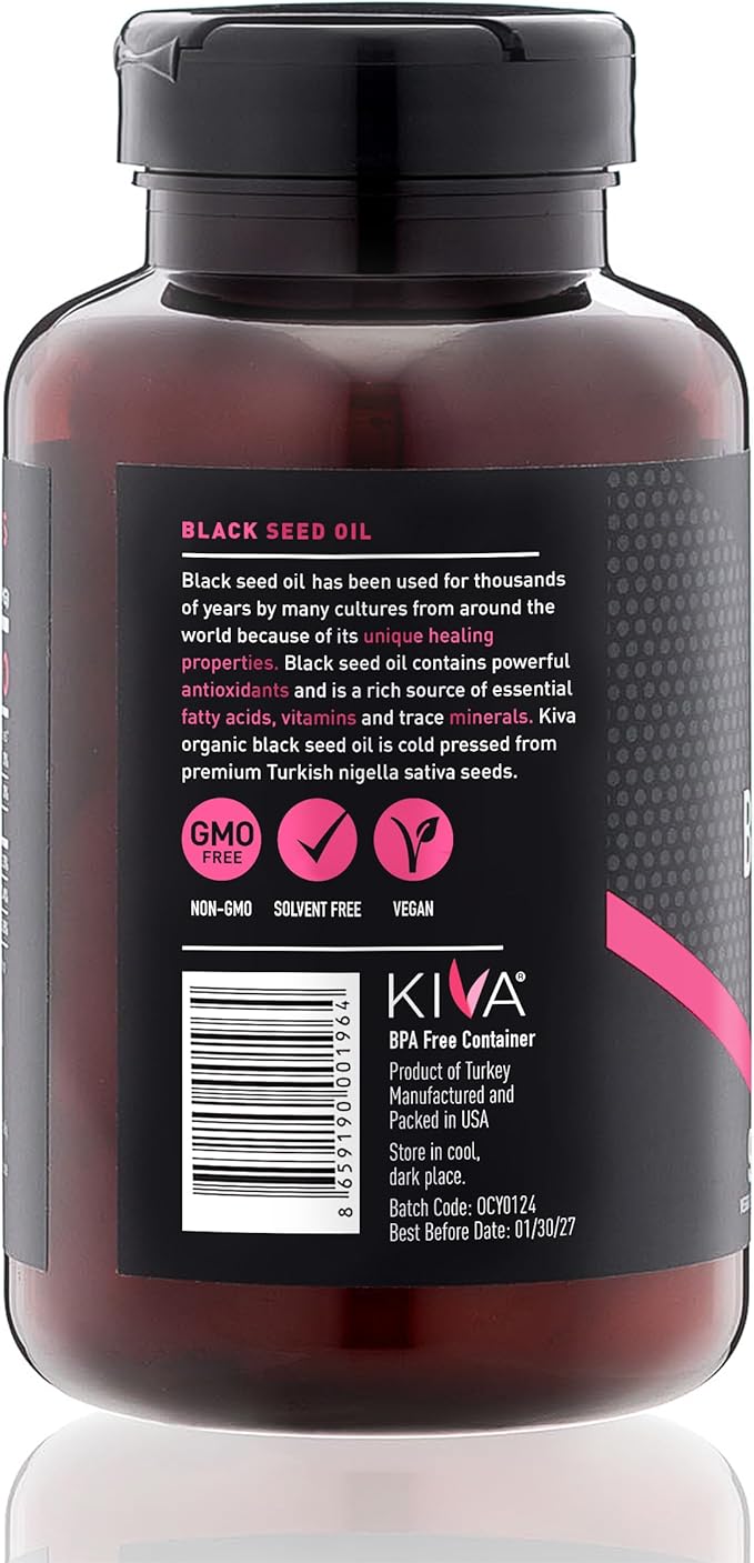 Kiva Black Seed Oil Softgel Capsules - Cold-Pressed (2000mg), 1.5%+ High Thymoquinone (TQ), 100% Turkish Nigella Sativa Seed Oil, 90 Vegan Softgels