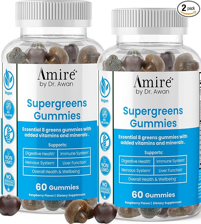 by Dr. Awan Super Greens Gummies, Fruits & Veggies Supplement, Green Superfood for Immunity, Metabolism, Liver Function & Nervous System, Essential 8 Greens, 120ct, 60day Supply