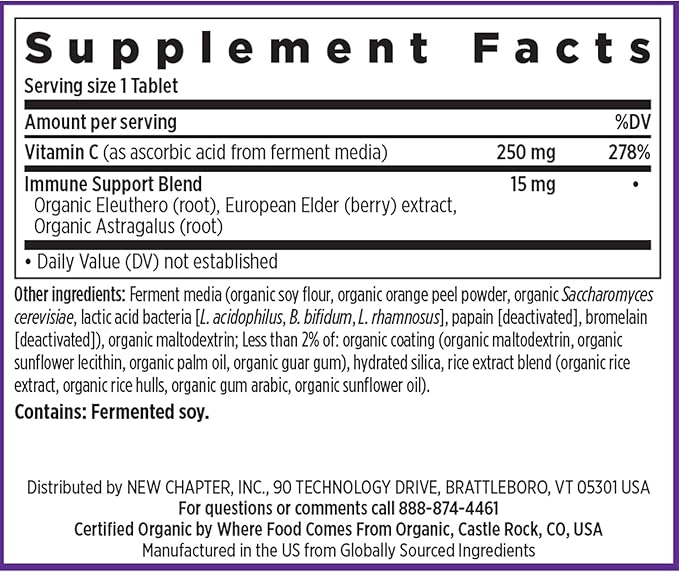 New Chapter Fermented Vitamin C + Elderberry, ONE Daily for Immune Support & Collagen Protection, Made with Organic Herbs, Certified Vegan, Gluten Free, 60 Count