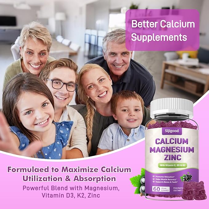 2 Pack Calcium Magnesium Zinc Gummies with Vitamin C D3 K2, Calcium Gummies for Bone, Muscle, Calm & Zzz Support, High Absorption Formula with Magnesium Zinc Potassium, Elderberry Flavored 120 Cts