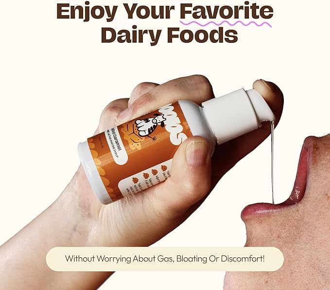 Lactase Enzyme Drops 2oz – Delicious Salted Caramel Flavor – 10,000 FCC Units for Fast Acting Dairy Relief – Customizable Dosing for Lactose Intolerance – Portable Twist-to-Lock Pump