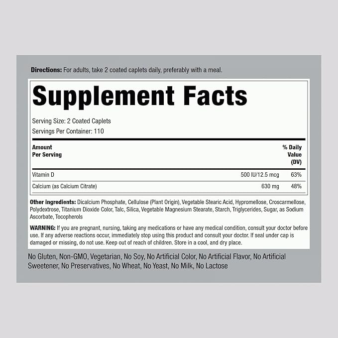 Piping Rock Calcium Citrate with Vitamin D3 | 630 mg | 220 Caplets | Supplement for Women and Men | Vegetarian, Non-GMO, Gluten Free