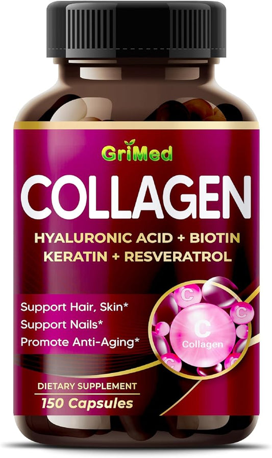 GriMed Organic Collagen 6,419 mg with Hyaluronic Acid, Biotin, Keratin, Resveratrol Hair Skin, Nails Vitamins - Made in The USA (90 Count (Pack of 1))