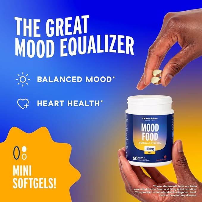 Oceanblue Essentials Mood Food Omega 3 - Triple Strength Burpless Fish Oil - High Potency 1000 MG EPA for Mood & Heart Support - Mini Softgels - Non-GMO - 60ct -1 Month Supply
