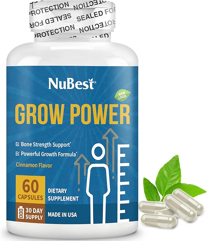 NuBest Grow Power Height Supplement with Calcium, Magnesium, Vitamin D3, Zinc for Age 10+ Height Growth, Grow Taller, Increase Height Growth Natural - Free of Growth Hormone - 60 Growth Capsules