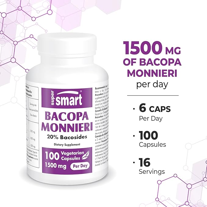Supersmart - Bacopa Monnieri 1500 mg Per Day - Nootropic Supplement & Brain Boost - Help Improve Learning, Memory & Information Processing | Non-GMO & Gluten Free - 100 Vegetarian Capsules