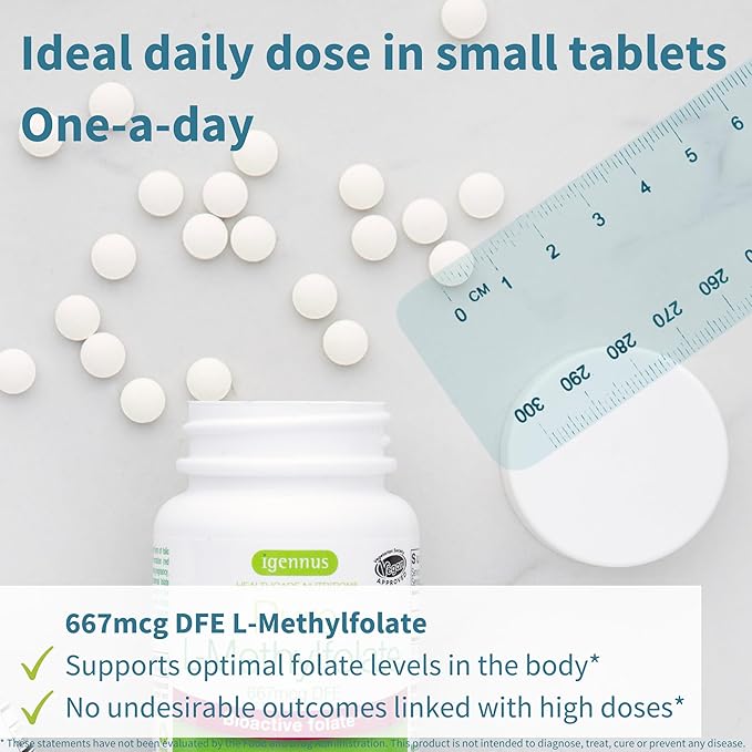 Igennus Pure Methylfolate 667 mcg DFE, Optimized Folate 400 mcg, No Silicon Dioxide, MTHFR Supplement for Women & Men, 180 Small Tablets, Lab Verified, Vegan & Hypoallergenic