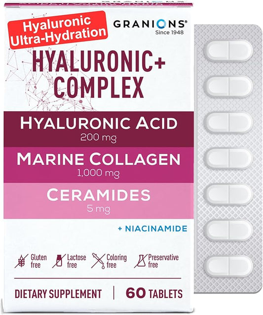 Hyaluronic Acid Complex Hydrating Skin Supplement – Marine Collagen Peptides, Ceramides, Vitamin B3 Niacinamide, Hyaluronic Acid Supplements for Women and Men – 60 Foil Sealed Tablets