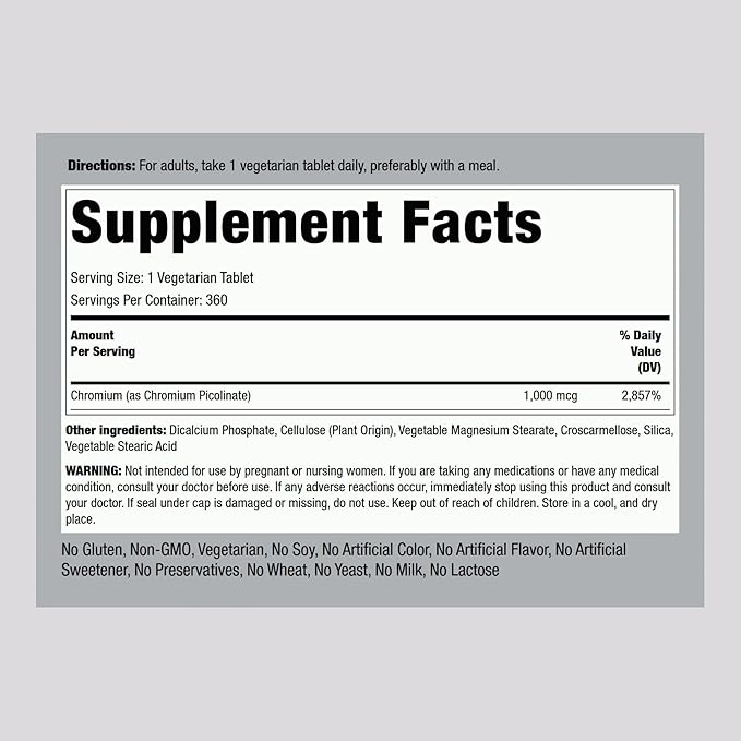 Piping Rock Chromium Picolinate 1000mcg | 360 Tablet Pills | Chromium Supplement | Vegetarian, Non-GMO, Gluten Free Supplement
