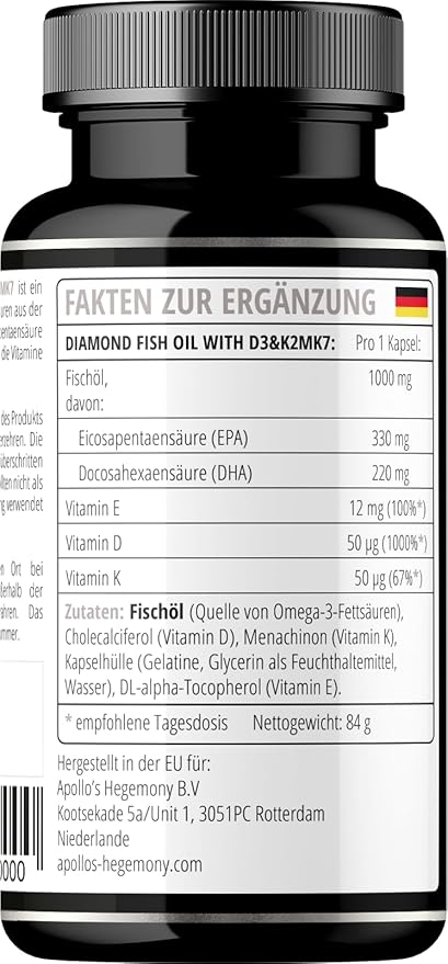 APOLLO'S HEGEMONY Diamond Fish Oil 1000mg per Capsule with Vitamins D3, K2 and E - 60 Capsules - High Dose Omega 3 with 330mg EPA and 220mg DHA - Fish Oil Fatty Acids (EFAs)