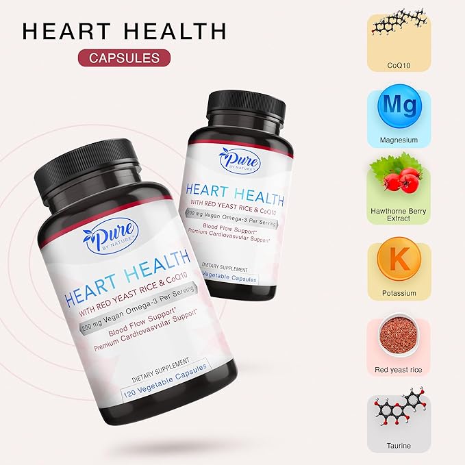 Pure By Nature Red Yeast Rice & CoQ10 Supplement, May Support Vascular Welfare & Blood Flow, 30 Servings (120 Veg Capsules)