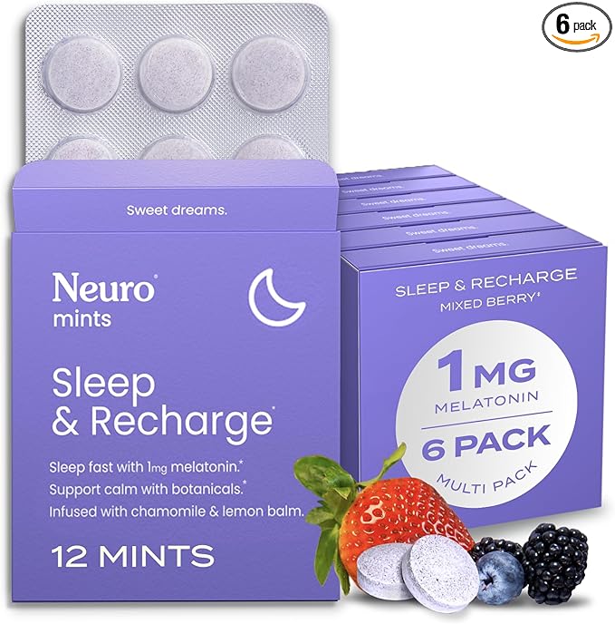 Neuro Melatonin 1 mg Sleep & Recharge Mints (72 Pieces) - Fast Dissolve Melatonin Sugar Free Mints with Lemon Balm & Chamomile for Better Sleep - Calm Sleep Supplement - Mixed Berry Flavor
