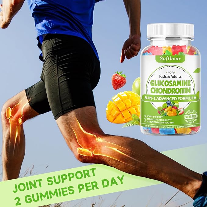 softbear Glucosamine Chondroitin Gummies with MSM Triple Strength, Organic Vegan Chondroitin & Glucosamine Nutritional Supplements for Joint Support Mixed Fruit Flavor 60 Gummies