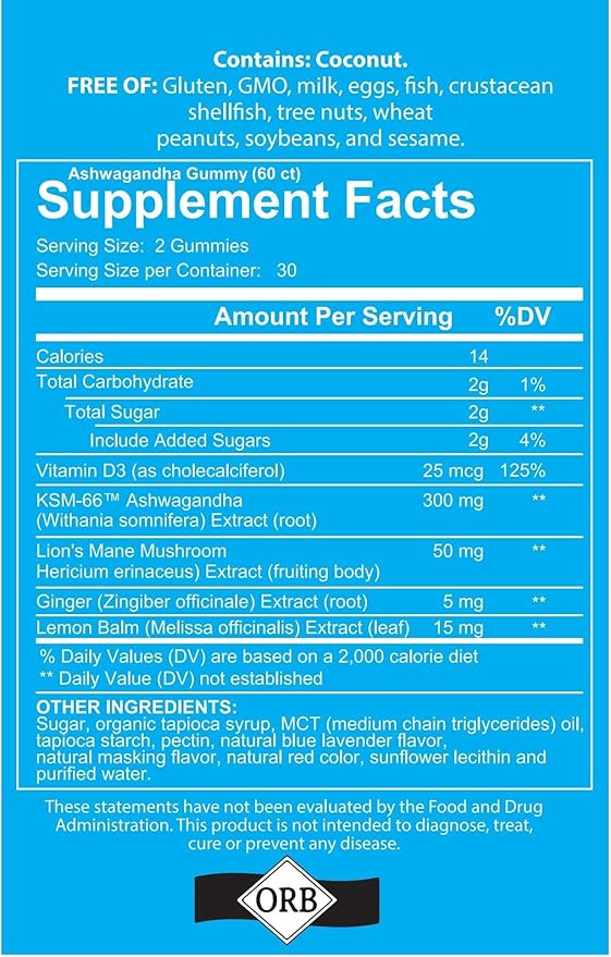 Ashwagandha Gummies Mixed Berry KSM-66, Lion's Mane, Vitamin-D, Non-GMO, Gluten-Free, Gelatin Free & Kosher (60 Count (Pack of 1))