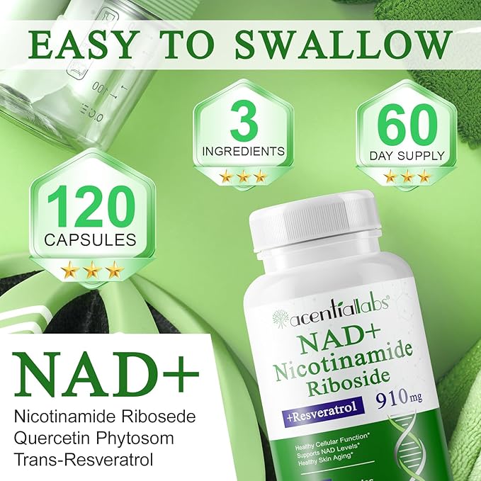 NAD+ Supplement, 910mg Per Serving Complex with Resveratrol, Quercetin, Nicotinamide Riboside Alternative, NAD Booster Natural Energy, Longevity, and Cellular Health, 120 Capsules