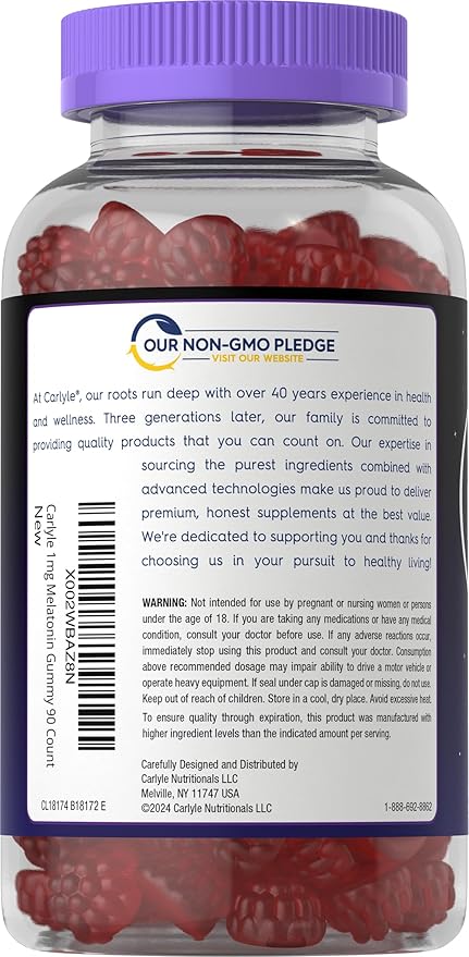Carlyle Melatonin 1mg Gummies | 90 Count | Fruit Flavor Gummy Supplement | Vegan, Non-GMO, Gluten Free