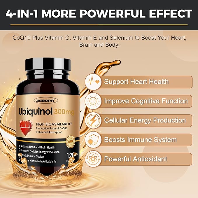 ZEBORA Ubiquinol CoQ10 300mg Softgels, 4-in-1 Powerful Antioxidant for Heart and Vascular Health, Essential for Energy Production, Max Absorption Active Form of CoQ10, 120 Softgels