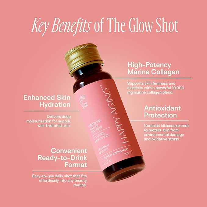 Marine Collagen Peptides Glow Shot 10,000mg - Liposomal Delivery for Women - Promotes Skin Hydration, Elasticity & Radiance - Supports Hair & Nails - Ready-to-Drink, Non-GMO, 10 Shots