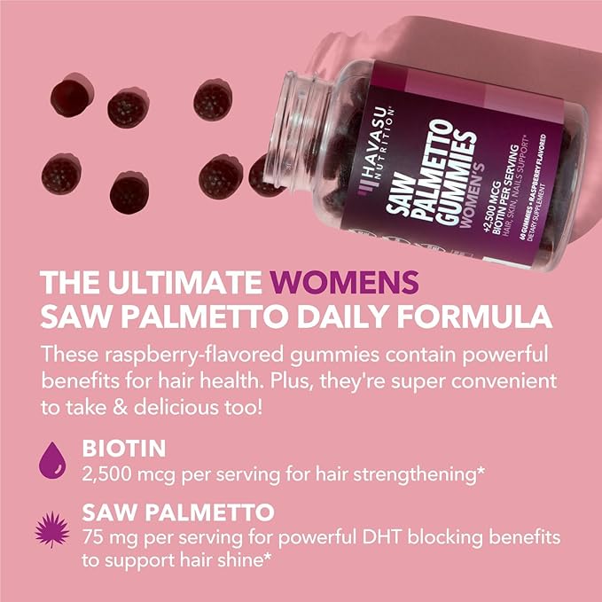 Saw Palmetto for Women with 2500mcg Biotin - DHT Blocker and Hair, Skin, Nail Health Gummies - 120 Count - Supports Stronger and Fuller Looking Locks and Radiant Skin - Vegan, Non-GMO, 2 Month Supply