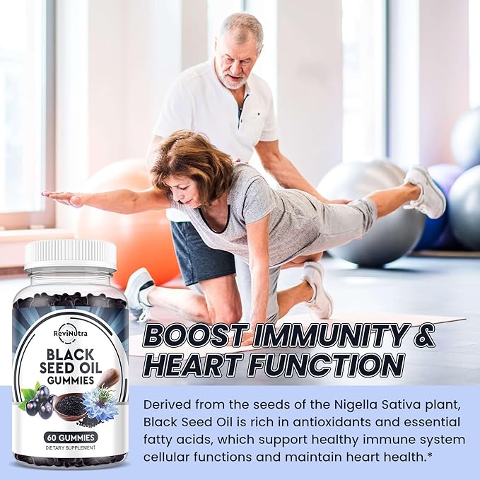 Black Seed Oil Gummies-Organic Cold Pressed Nigella Sativa Black Seed Oil with Honey, Vitamin B6, C, D3, Turmeric, Pomegranate, Support Immunity, Digestion, Brain Function, Hair & Skin-60 Gummies