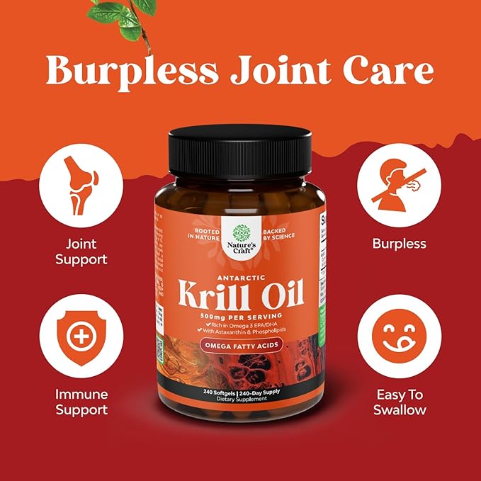 Antarctic Krill Oil 500mg Softgels - Omega 3 Krill Oil Supplement with EPA DHA & Astaxanthin for Brain Joint & Heart - 3rd Party Lab Tested No Gluten GMOs or Fishy Aftertaste (Up to 8 Month Supply)