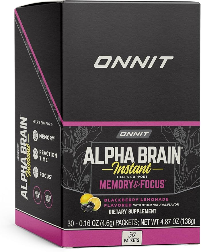 ONNIT Alpha Brain Instant Cognitive Support Drink Mix, BlackBerry Lemonade Flavor, Nootropic Supplement for Focus, Memory, and Clarity, 0.13 oz Packets, 30 Count