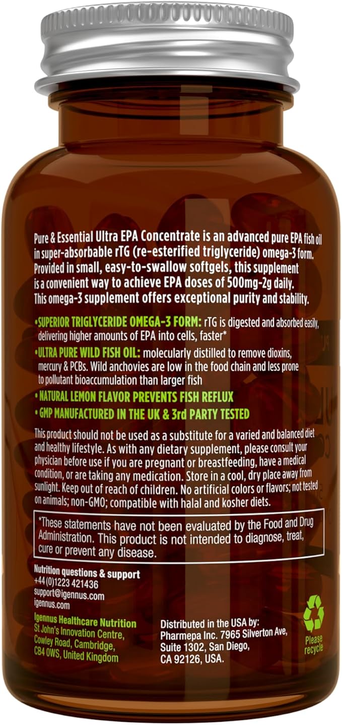 Igennus Ultra Pure Omega-3 EPA 500mg, Highly Concentrated IFOS Certified Wild Fish Oil, Advanced rTG Triglyceride Form, Non-GMO, 180 Small Softgels