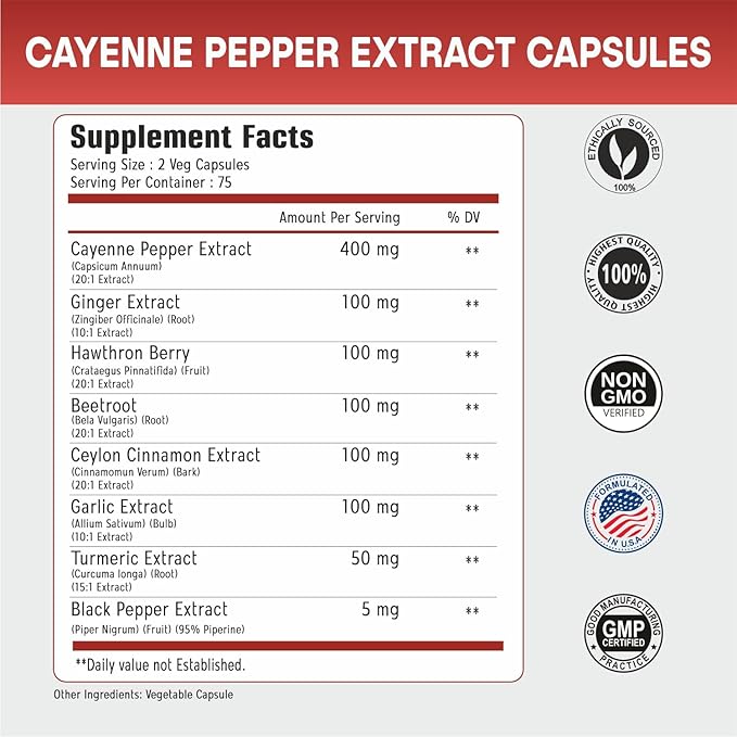 Cayenne Pepper Capsules w/Garlic, Ginger, Hawthorn, Turmeric, Cinnamon, Beet Root and Black Pepper Extract, 150 Cayenne Capsules, Non-GMO & Gluten Free Capsaicin Supplement